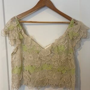 Anthropologie Sheer Floral Lace Crop Top - Cream and Green